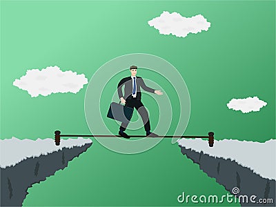 Businessman walk on rope to through gap of cliff Vector Illustration