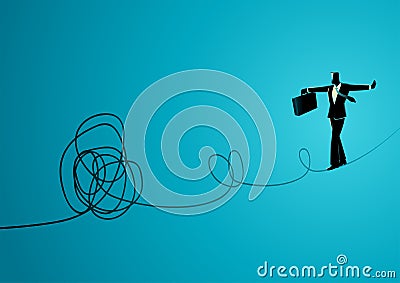 Businessman walking cautiously on a rope towards bigger problems ahead Vector Illustration