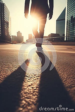 Businessman walking in City street with sunlight flare for successful confidence concept. Stock Photo