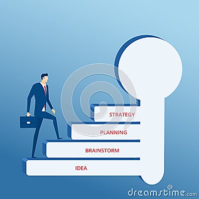 Businessman walking on key stair to success. Stair step to success concept. Vector Illustration