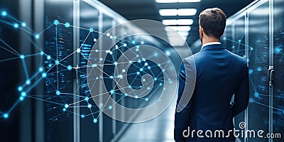 Businessman walking in modern server room exploring digital network connections, visualizing data flow and cybersecurity in Stock Photo