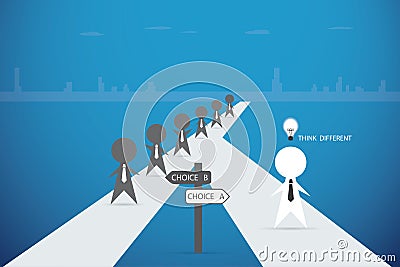 Businessman walking out from the crowd with idea light bulb, decision and business concept Vector Illustration