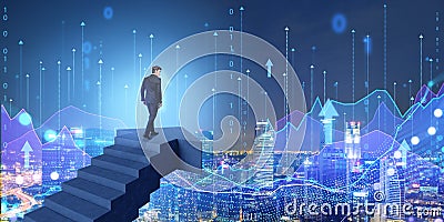 Businessman walking on rising arrow, New York skyline and smart city hologram Stock Photo