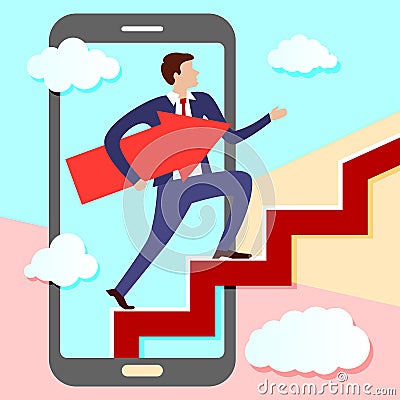 Businessman is walking from screen of smart phone up stairs with arrow pointing along his path under his arm. Concept of Vector Illustration