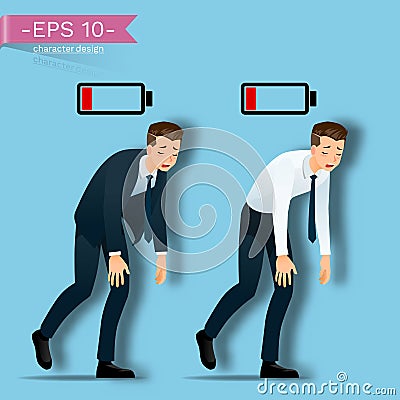 Businessman are walking, tired from working hard and look like he running out of energy by battery above his body. Vector Illustration