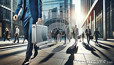 Businessman walking to work in Black Suit Carrying Brown Leather Briefcase. Concept Walking to Work. Stock Photo