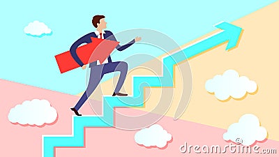 Businessman is walking up the stairs with an arrow pointing along his path under his arm. Concept of a charismatic man going to Vector Illustration
