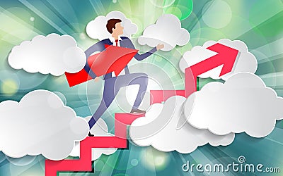 Businessman is walking up the stairs with an arrow pointing along his path under his arm among white paper clouds on beautiful Vector Illustration