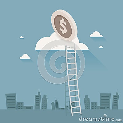 Businessman Walking Up Stairs, money. Vector Illustration, Ladder to clouds. on gray background Vector Illustration