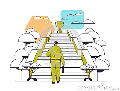 businessman walking up stairway to golden trophy cup business man win prize path to successful growth victory Vector Illustration