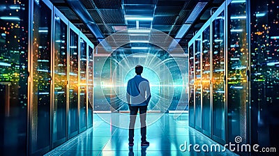 Businessman walks through data center corridor, visually inspecting working server racks Cartoon Illustration