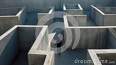 Businessman walks inside concrete labyrinth, lost man searching for way out of strange surreal maze. Concept of problem, Stock Photo
