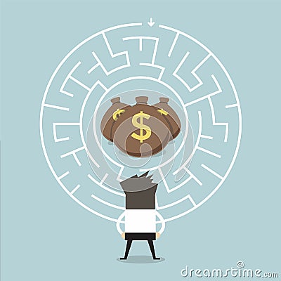 Businessman wanting to enter a money maze Vector Illustration