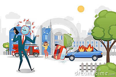 Businessman watchhead call late employee vector illustration. Character girl stand on road, city car accident. Boss in Vector Illustration