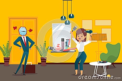 Businessman watchhead vector illustration employee late, woman get ready for work flat banner. Character angry with late Vector Illustration