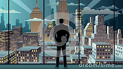 Businessman Watching City Night Vector Illustration