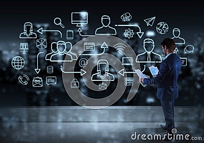 Businessman watching thin line social network icons interface Stock Photo