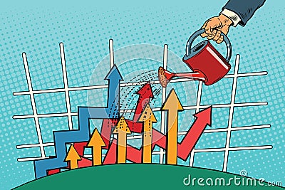 Businessman watered arrow growth chart from a watering can Vector Illustration