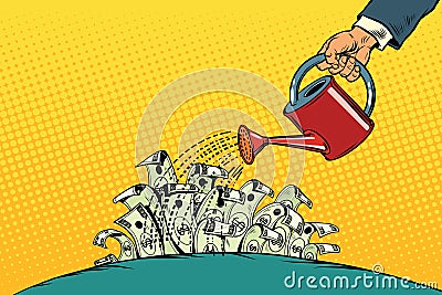 Businessman watered money dollars from a watering can Vector Illustration