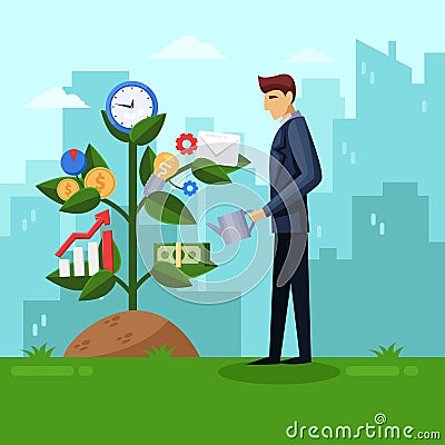 Businessman watering business tree. Planning and growing strategy business concept. Vector flat illustration. Vector Illustration