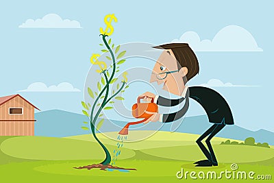 Businessman watering Dollar Plant Vector Illustration