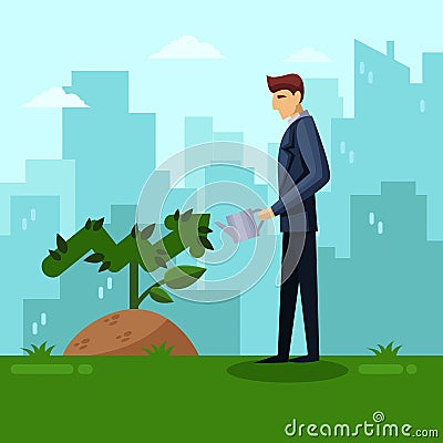 Businessman watering green arrow plant. Growth investment and development business concept. Vector flat illustration. Vector Illustration