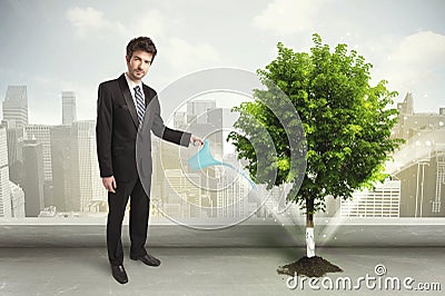 Businessman watering green tree on city background Stock Photo