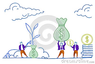 Businessman watering money bag plant business wealth growth concept future success strategy man silhouette sketch doodle Vector Illustration