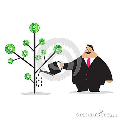 Businessman watering money coin tree with can. Growing money tree. Investment, investing. Gold coins and dollar banknotes on branc Vector Illustration