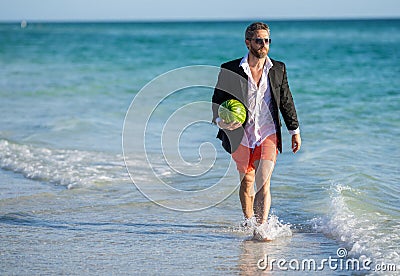 Businessman with watermelon. Summer business vacation. Successful businessman on vacation. Hot summer business. Summer Stock Photo