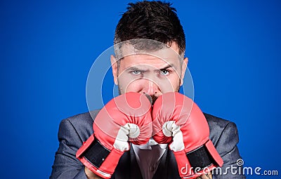 Businessman wear boxing gloves. Best criminal defense lawyer strategies. Attack and defense concept. Achieve success Stock Photo