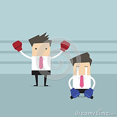 Businessman wearing boxing gloves standing in boxing ring as winner Vector Illustration