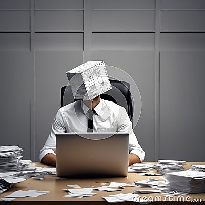 Businessman is wearing a cardboard box, hidden emotions boring job everyday routine stress Stock Photo