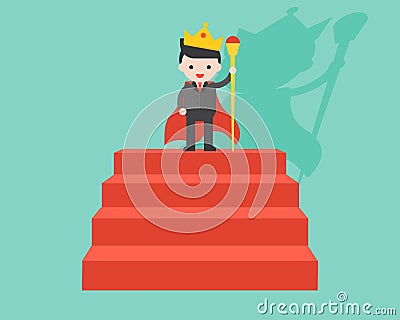 Businessman wearing crown and holding wand as king, stand on red Vector Illustration