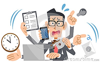 Businessman wearing eyeglasses panicking too busy Vector Illustration