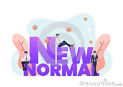 Businessman Wearing Face Mask and Working Around New Normal Text Vector Illustration