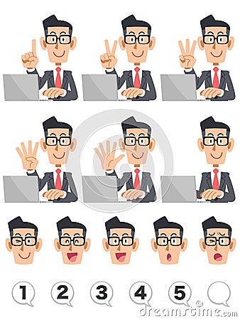 Businessman and laptop computer showing numbers with fingers Vector Illustration