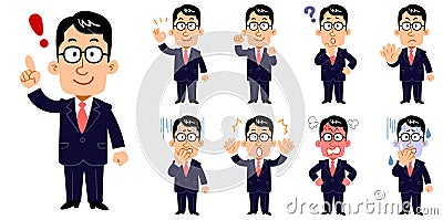 A businessman wearing glasses, Set of poses and facial expressions Vector Illustration