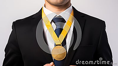 businessman wearing gold medal black suit, half portrait white background, Generated AI Stock Photo