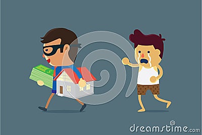 Businessman wearing mask holding home and money of a man. Vector Illustration