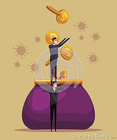 Businessman wearing medical mask with purse coins Vector Illustration