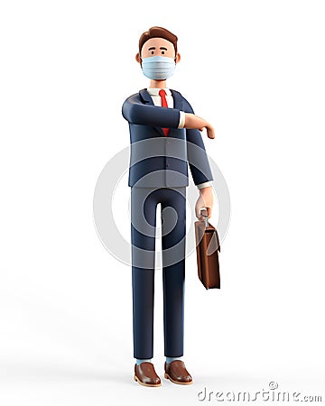 Businessman wearing protective face mask and greeting bumping elbow. 3D illustration of standing male character. Cartoon Illustration