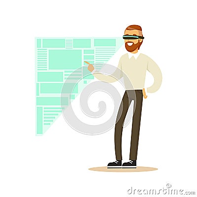 Businessman wearing VR headset working in digital simulation, analyzing business processes, future technology concept Vector Illustration