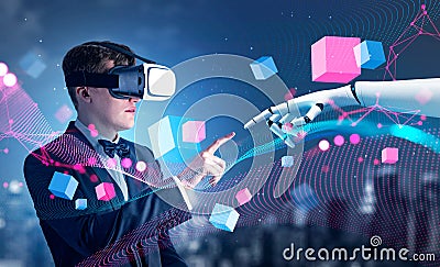Businessman is wearing vr helmet and touching robot hand Stock Photo