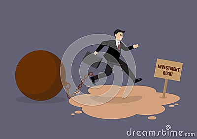 Businessman with the weight jumping over the quicksand Vector Illustration