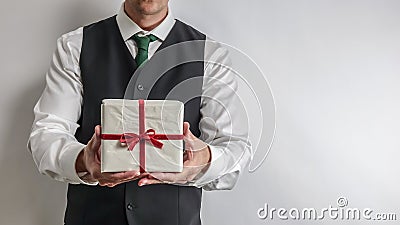 Businessman in suit vest holding a Christmas gift / present. Stock Photo