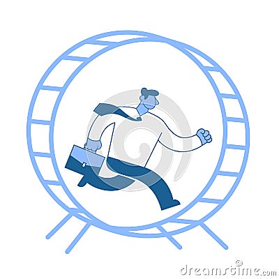 Businessman in white shirt running in a wheel like a hamster. Running in place. Hurry up. Race for success. Concept Vector Illustration