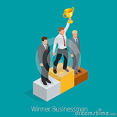 Businessman with Winner cup. Winner concept. Businessman on first place pedestal rising hand with gold cup. Flat 3d web Vector Illustration