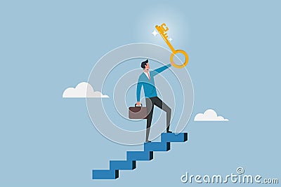 Businessman winner walk up to the top of stairway lifting golden success key to the sky, key to business success, stairway to find Stock Photo