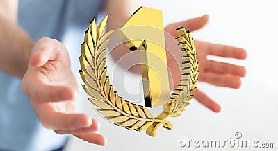 Businessman winning the first golden price 3D rendering Stock Photo